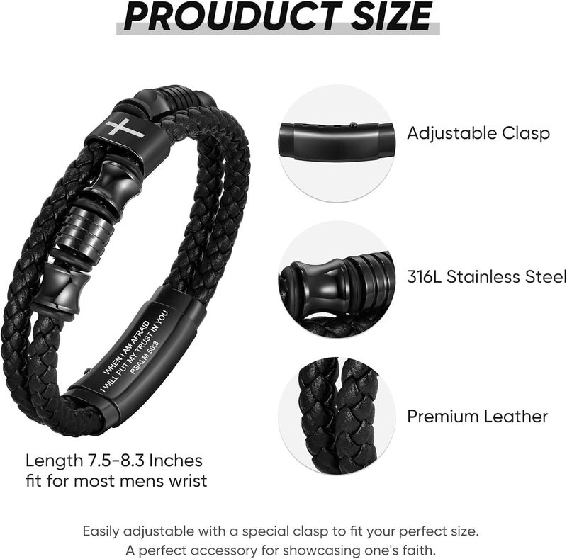 TempBeau Store Christian Black Leather Bracelet for Men - Double-Row Braided Leather Faith Cross Bracelets for Men Jewelry Gift Religious Baptism Easter Gifts for Young Men Teenage,Adjustable Wristband - Image 5